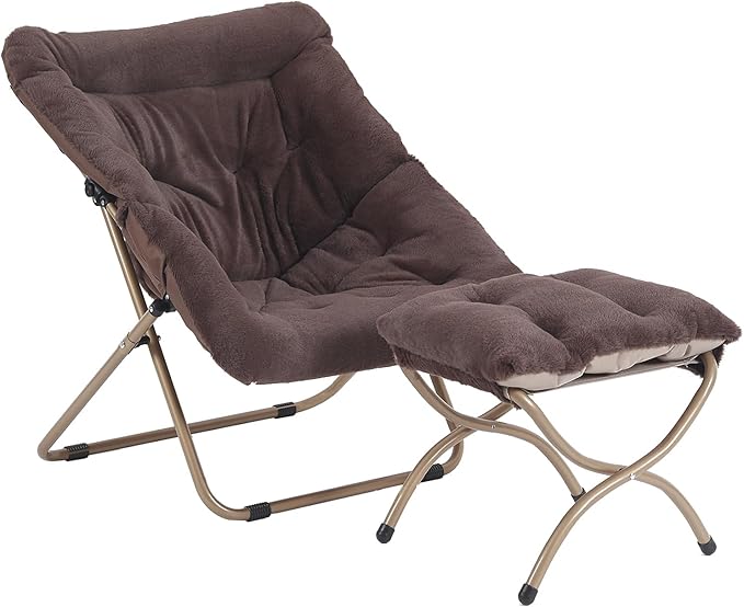 Saucer Chair with Ottoman, Oversized Folding Faux Fur Chair, Foldable Metal Frame Chair for Bedroom, Living Room, Balcony, Patio, Study, Playroom (Coffee)