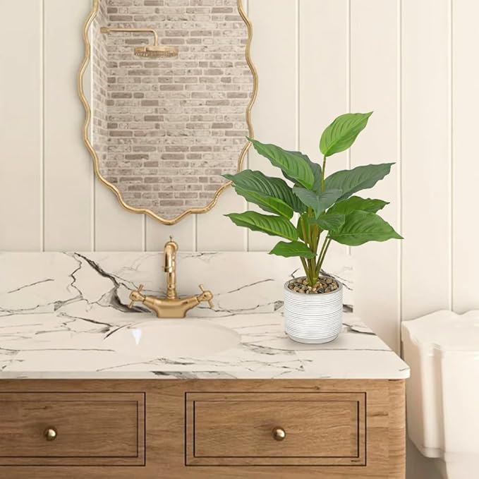 Small Fake Plants Indoor 14.5 Inch Potted Plant Artificial Decor 12 Leaves Faux Plant with Cement Pot Silk House Plants for Home Office Bathroom Kitchen Farmhouse Table Centerpieces Shelf Decor