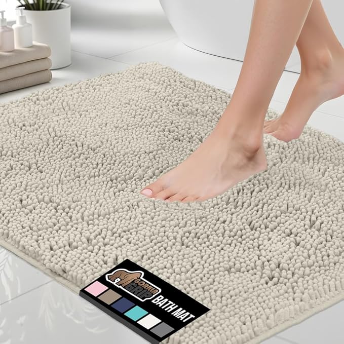 GORILLA GRIP Bath Rug Mat 60x24, Thick Soft Absorbent Chenille, Quick Dry Microfiber Mats, Rubber Backing Washable Shower Floor Rugs, Bathmat Runner, US Designed Bathroom Home Decor Accessories Ivory
