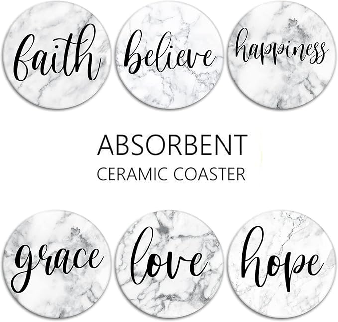 Britimes Coaster for Drinks Set of 6, White Marble Inspirational Love Absorbent Round Ceramic Stone Mat, with Cork Base and Metal Holder, Gift for Housewarming Room Bar Decor