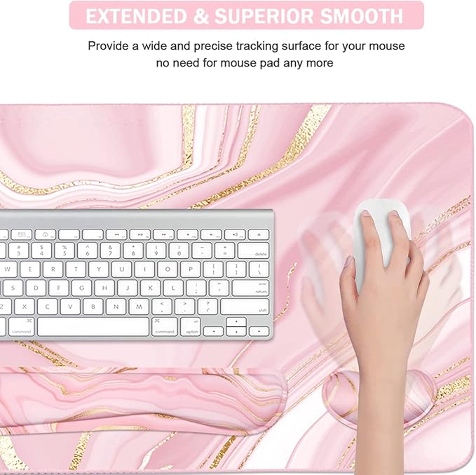 Keyboard Mouse Pad Set, Extended Mouse Pad+Keyboard Wrist Rest Support, Memory Foam Ergonomic Easy Typing, 3Pcs (35.4×15.7 in) Desk Pad Set for Home Office Study Game- Pink Gold