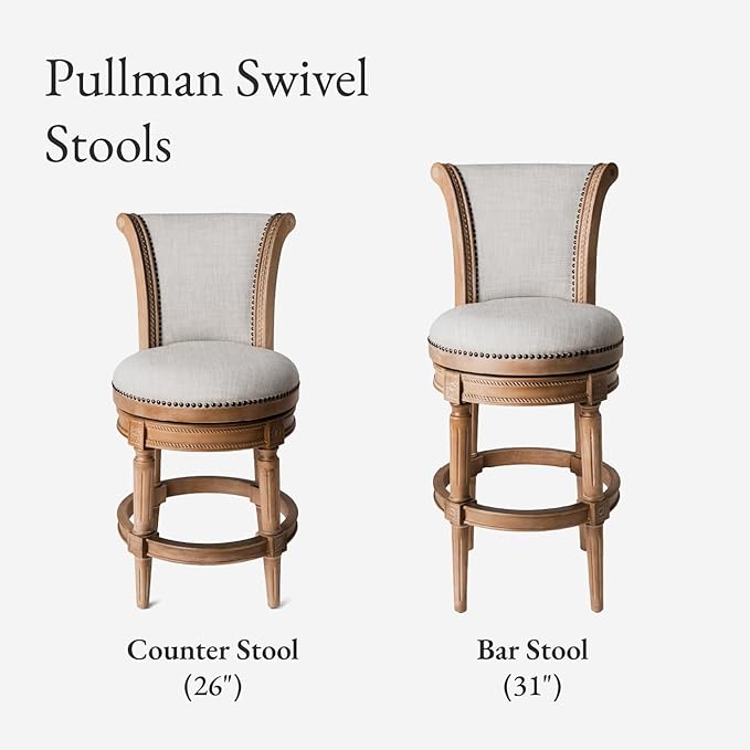 Maven Lane Pullman Counter Stool 26 Inches – Set of 3 – Swivel Stools with Footrest – Light Brown Solid Wood Frame & Natural Fabric Upholstery – Perfect for Kitchen Islands & Counters