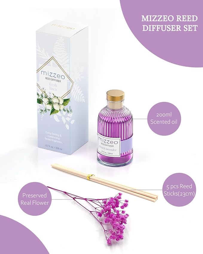 MIZZEO Reed Diffuser Set, French Lavender 6.76 fl oz Highly Scented Room Diffuser Home Fragrance Essential Oil Reed Flower Diffuser, House Bedroom Office Decor & Gifts