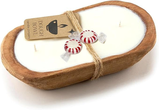 Dough Bowl Candle Co. Peppermint Soy Candle - 3 Wick Rustic Farmhouse Decor Odor Eliminator in Wooden Bowl, 20 Ounce, All-Natural Gift for Women and Men, Coffee Table Decor