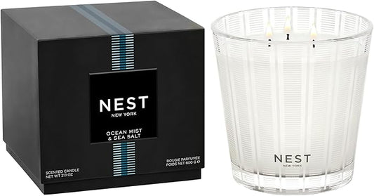 NEST New York Scented 3-Wick Candle, Ocean Mist & Sea Salt - 21.2 oz - Up to 100-Hour Burn Time - Reusable Glass Vessel