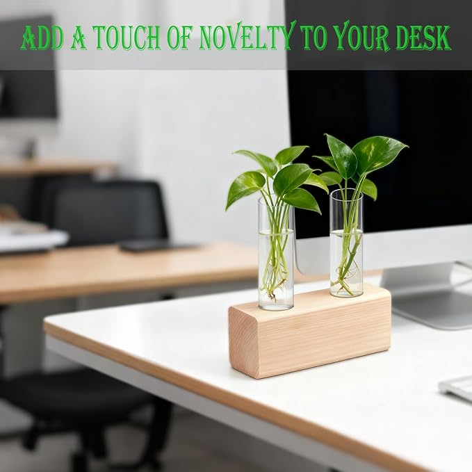 Desktop Glass Plant Propagation Station with 2 Tubes and Wooden Stand - Hydroponic Plant Cuttings Holder for Office Desk, Home Decor, Terrarium