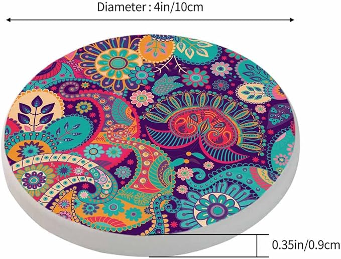Colorful Floral Coasters for Drinks Exotic Paisley Curly Ethnic Fantastic Artistic Stylized Flowers for Tabletop Protection Coffee Table Living Room Kitchen Office Home Decor 2 Pcs,4 Inch