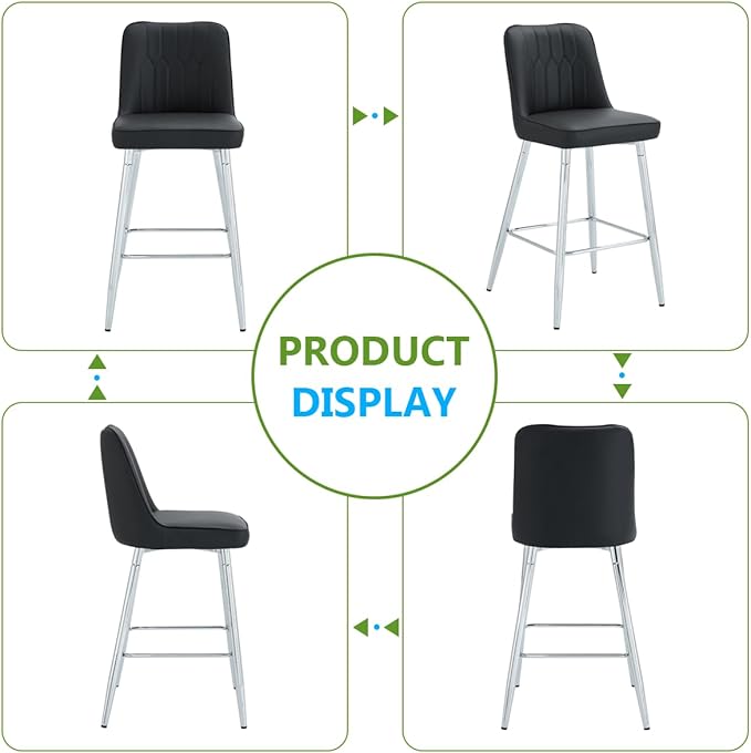 Black Bar Stools Set of 2,27" Counter Height Bar Stools Set of 2,Faux Leather Counter Stools with Soft Padded Seat & Curved Backrest,Modern Kitchen Island Chairs for Dining Café