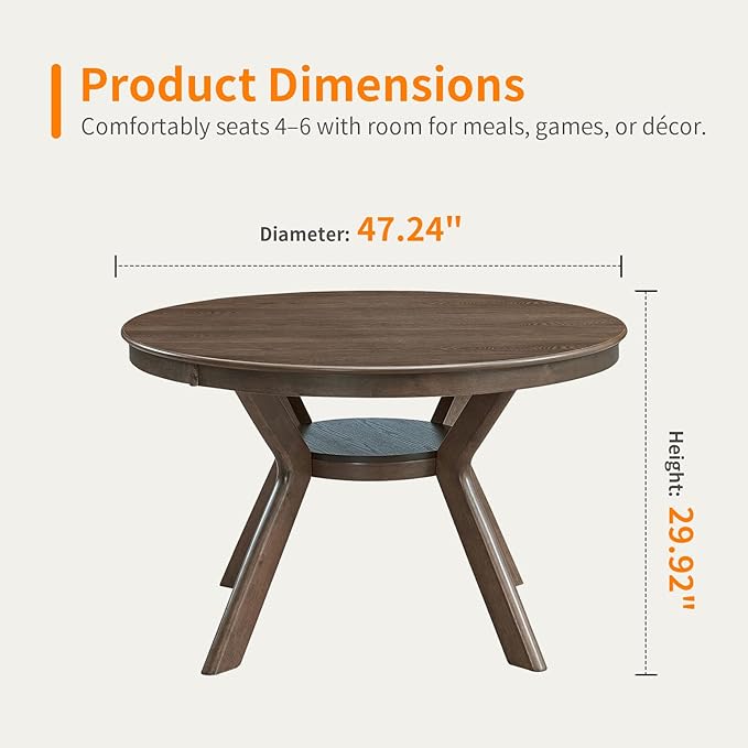 NicBex 47.24" Rubber Wood Round Dining Table for 4-6 People, Mid-Century Kitchen and Dining Table with Wooden Trestle Base, Rustic Brown Solid Wood and MDF Table for Dining Room or Living Room Oak