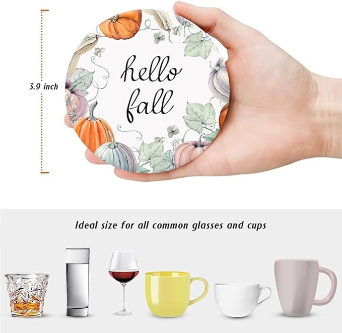 Fall Drink Absorbent Coasters with Holder Set of 6, Ceramic Stone with Cork Base, Watercolor Blue and Orange Pumpkin Pattern Coaster for Drinks, Gift for Housewarming Room Bar Home Decor Kitchen