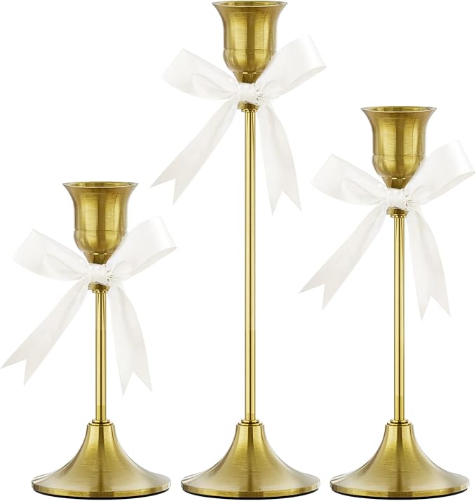 FSyueyun Brass Candlestick Holders Set of 3, Elegant Metal Candlestick Holders for Vintage Taper Candle Holders, Perfect for Table Centerpieces, Fireplace, Home Decor, Weddings and Party Decorations