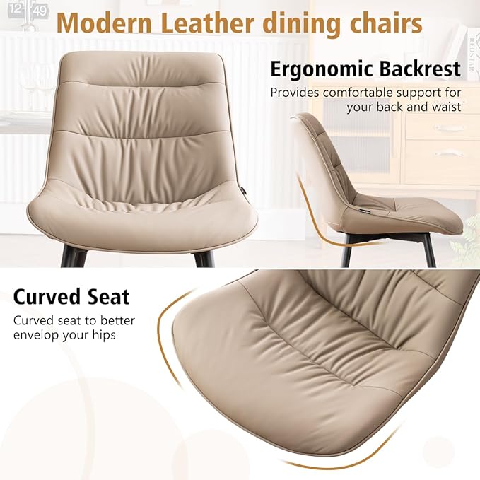 Kidol & Shellder Dining Chairs Set of 2, Modern Upholstered Faux Leather Kitchen Side Chairs with Comfortable Back - Mid-Century Armless Chair for Dining Living Room Bedrooms, with Metal Legs (Khaki)