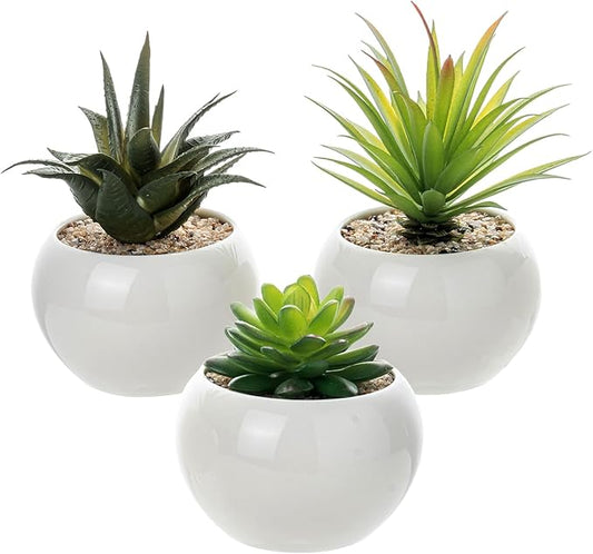 MyGift Mini Assorted Artificial Succulents in Round White Ceramic Pots, Mixed Realistic Indoor House Plants, Set of 3