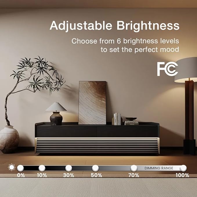 POVISON Fully-Assembled Mid Century Modern TV Stand, 70.87" Entertainment Center with LED Light, Black Walnut Solid Wood TV Console for Living Room, TV Stand with Storage