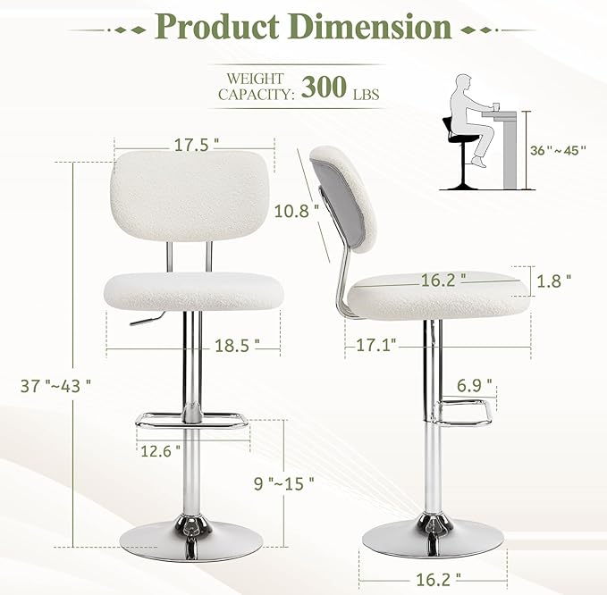 Furniliving Adjustable Bar Stools Set of 4, Modern Teddy Velvet Swivel Barstools with Curved Back, Stylish Armless Counter Height Bar Stools Bar Chairs for Kitchen Island, Bar, Grey