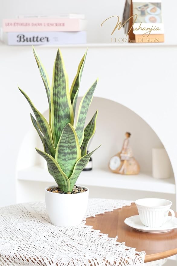18.5" Artificial Snake Plant Potted,Fake Sansevieria Floor Plant Real Looking with White Planter for Centerpiece Home Decor (Yellow&Green)