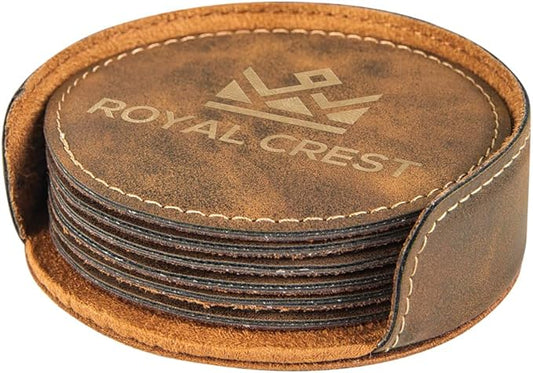 Custom Engraved Coasters | Personalized Leather Coaster | Set of 6 | Drink Coasters with Holder | Laser Engraved | Tabletop Protection | Gift for Couples (Round 4", Rustic w/Gold)
