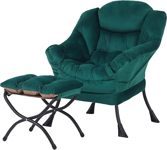 Welnow Lazy Chair with Ottoman, Modern Lounge Accent Chair with Armrests and a Side Pocket, Leisure Sofa Armchair, Reading Armchair with Footrest for Small Space, Dark Green