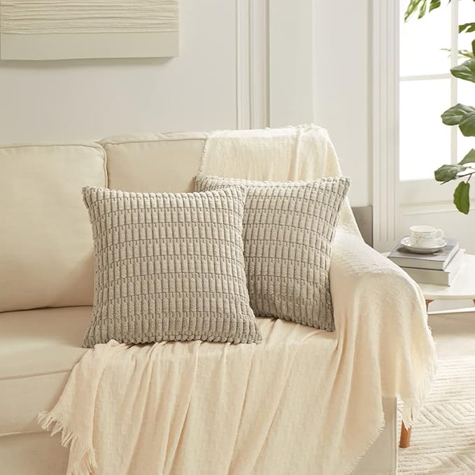 Fancy Homi 4 Packs Taupe Decorative Throw Pillow Covers 16x16 Inch for Living Room Couch Bed, Rustic Modern Farmhouse Boho Home Decor, Soft Plush Corduroy Cute Square Accent Cushion Case 40x40 cm