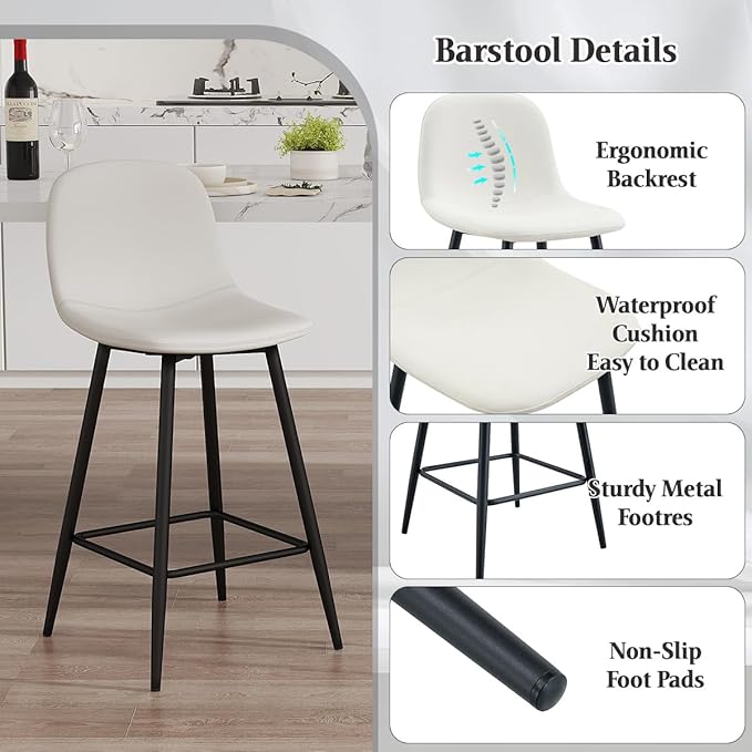 White Barstools Set of 4, 24.6" Counter Height Bar Stools with Back & Metal Footrest, Modern Island Chairs Set of 4 for Kitchens Island Home Bar