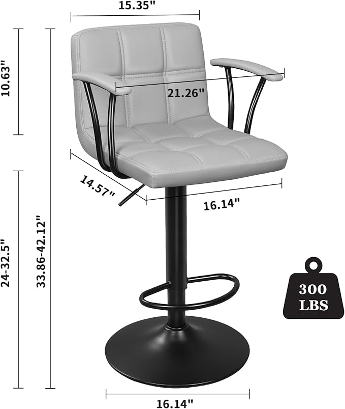 Bar Stools Set of 2, Armrest Adjustable Swivel Barstools with Back, Double Needle PU Leather Counter Height Chairs for Kitchen lsland (Light Grey)