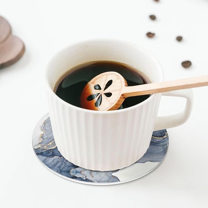 Navy Blue Gold Marble Coasters Set of 6 Coasters for Drinks Absorbent Double-Sided Leather PVC Coaster for Tabletop Protection Coffee Table Decor Ideal for Home Decor House Warming Gifts