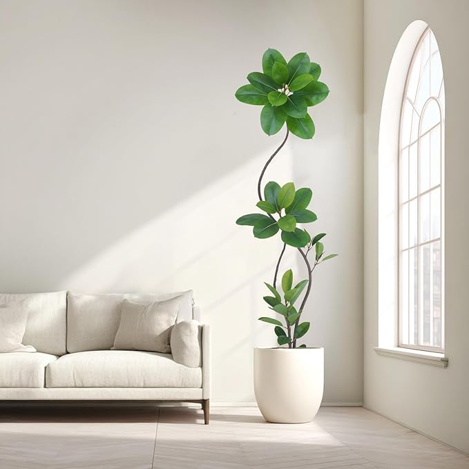 Artificial Rubber Tree Plant, 78 Inch Indoor Tree, Green with Round Planter, All Season Home Decor (Green,6.5ft)