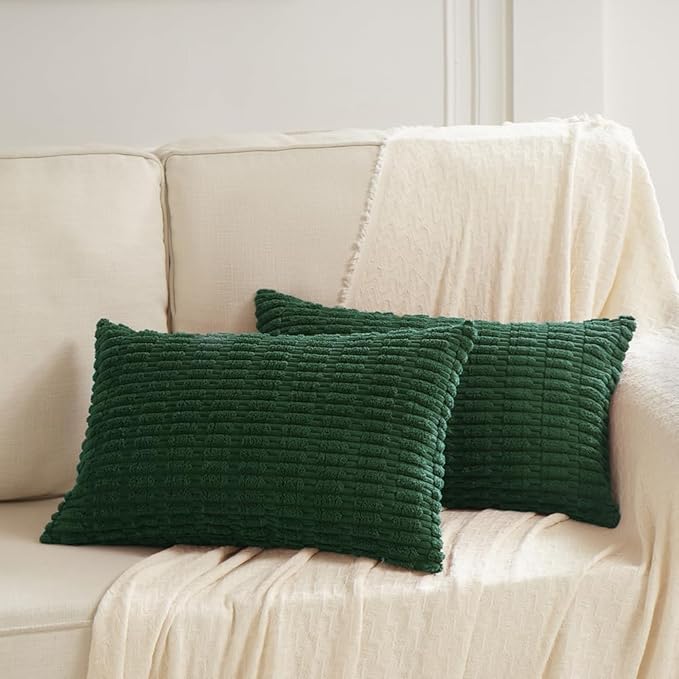 Fancy Homi Set of 4 Dark Green Lumbar Rectangle Decorative Throw Pillow Covers 12x20 Inch for Couch Bed Chair, Aesthetic Boho Room Decor, Soft Fuzzy Thick Corduroy Cute Textured Cushion Case 30x50cm
