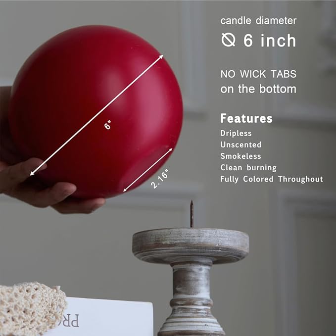 MOZEAL Hand-Poured, 6 Inch Red Large Round Ball Candles - Elegant Red Round Pillar Candles, Dripless, Unscented, Smokeless, Ideal for Valentine's Day and Christmas.