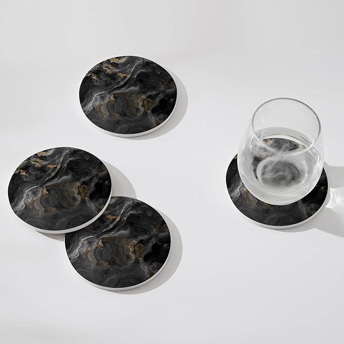 Set of 6 Abstract Black Marble Coasters with Holder, Absorbent Ceramic Coasters for Drinks, Coasters with Cork Backing for Table Protection, Housewarming Gifts for New Home