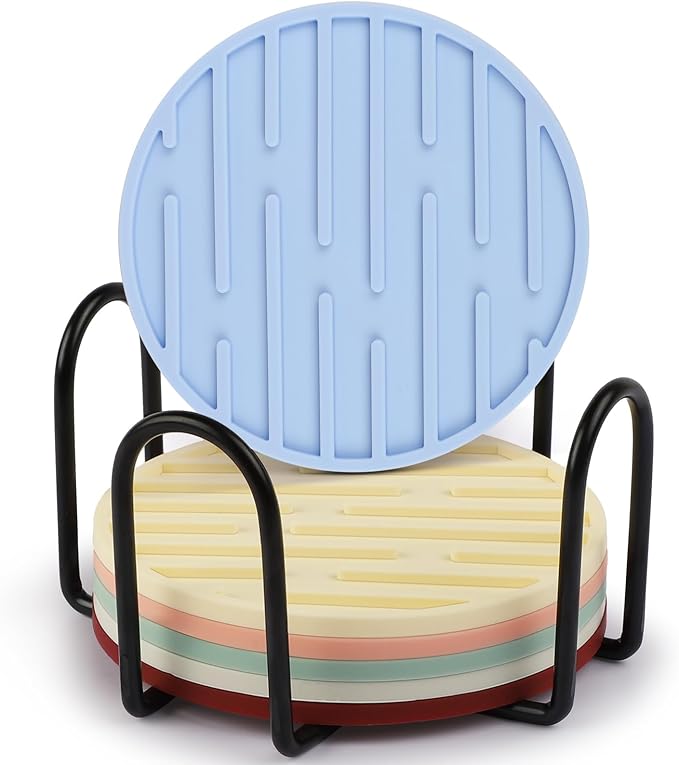 Silicone Coasters for Drinks Coaster Set of 6 pcs Cup Coasters with Holder for Coffee Table for Home Decor for Kinds of Cups Cute Tabletop Protection Suitable Gift for Friend Rubber Drink Coaster Set