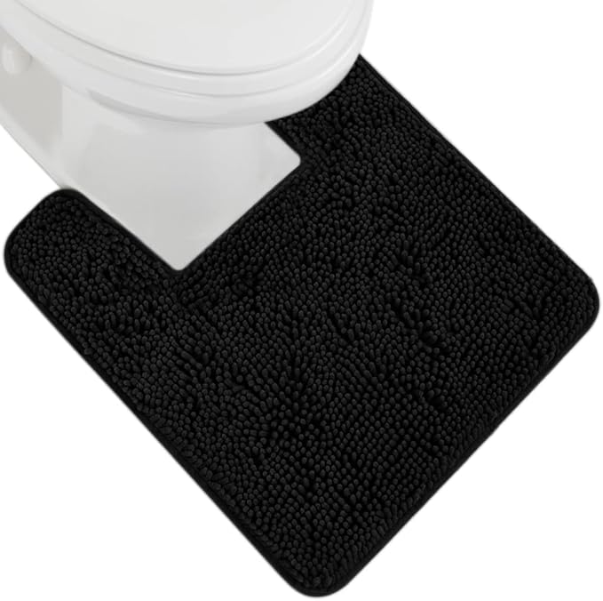 GORILLA GRIP Plush Absorbent Shaggy Chenille Bath Rug Mat for Square Toilet Base with Rubber Backing, Machine Washable Rugs, Soft Microfiber Contour Mats for Toilets, Bathroom Decor, Black