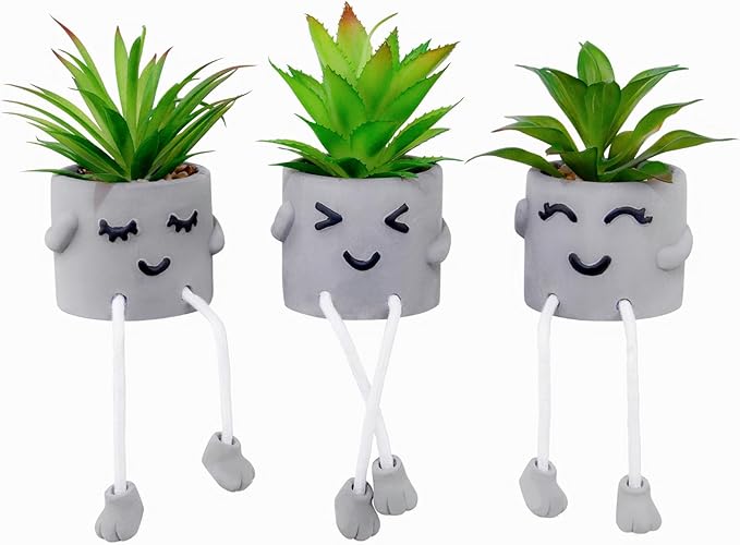 Creative Artificial Succulent Plants with Gray Pots Mini Potted Succulents Cute Fake Plants Succulents with Hanging Leg & Emotional Cement for Home Office Desk Decor and Gift Choice