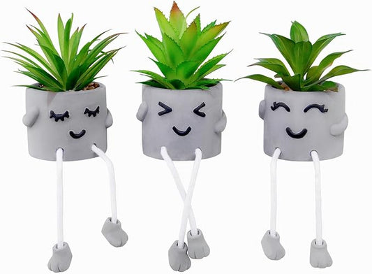 Creative Artificial Succulent Plants with Gray Pots Mini Potted Succulents Cute Fake Plants Succulents with Hanging Leg & Emotional Cement for Home Office Desk Decor and Gift Choice