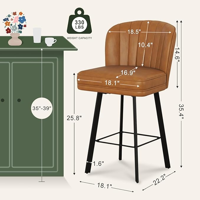 Swivel Counter Height Bar Stools Set of 3, 26'' Modern Barstools with Backs and Metal Legs, Upholstered Bar Chairs, Faux Leather Whiskey Brown Stools for Kitchen Island Chairs