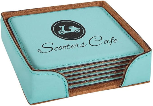 Custom Engraved Coasters | Personalized Leather Coaster | Set of 6 | Drink Coasters with Holder | Laser Engraved | Tabletop Protection | Gift for Couples (Square 4" x 4", Teal w/Black)