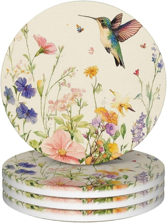 Watercolor Spring Hummingbird Coasters for Drinks Absorbent Ceramic Coaster Set of 4 for Coffee Table Cup Bar Desk Round Coasters Mat with Cork Base Seasonal Home Decors