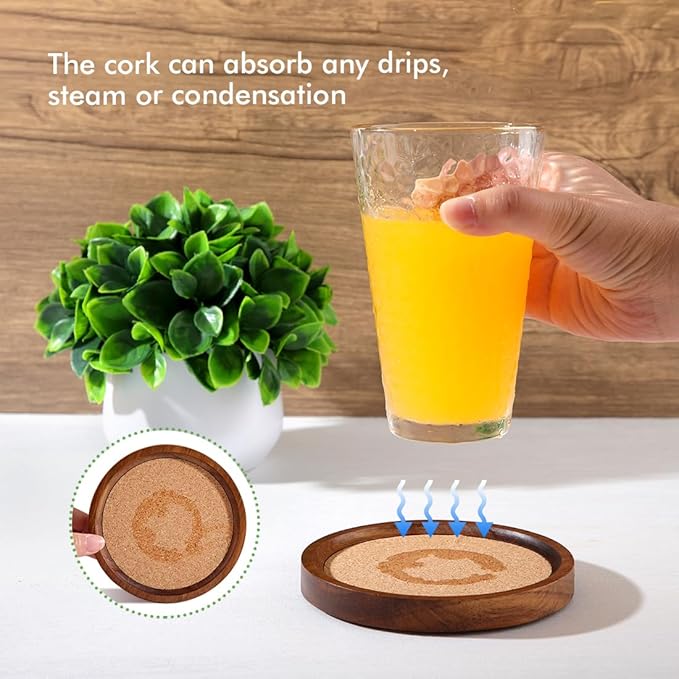 Wood Cork Coasters for Drinks Absorbent with Holder, Large Wooden Coaster for Coffee Table, Cork Coaster for Wooden Table Decor New Home Gifts Mom's Day - Rustic 4.72Inch