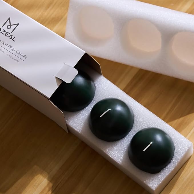 MOZEAL Hand-Poured, 3 Inch Dark Green Round Ball Candles - Elegant Dark Green Round Pillar Candles Set of 3, Dripless, Unscented, Smokeless, Ideal for Christmas Decor.