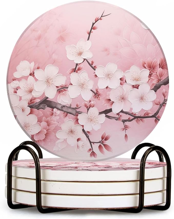Drinking Coasters with Holder Round Water Absorbent Marble Ceramic Coasters Tabletop Protection(Cork Base),Blooming Pink Cherry Blossom Flowers,Suitable for Various Mugs,Home Decor，4 Inch