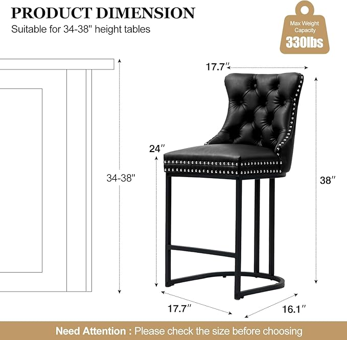 Counter Height Bar Stools Set of 2, 24" Modern Barstools with Back, Faux Leather Upholstery Counter Chairs with Metal Legs for Kitchen Island, Bar, Counter, Black