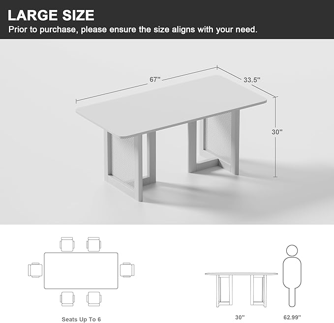 Casaphoria 67" Dining Table, Modern Kitchen Table for 4-6, Farmhouse Style with Rectangular Top & Rattan Legs, Easy Assembly for Living Room, Kitchen, Bar, Black