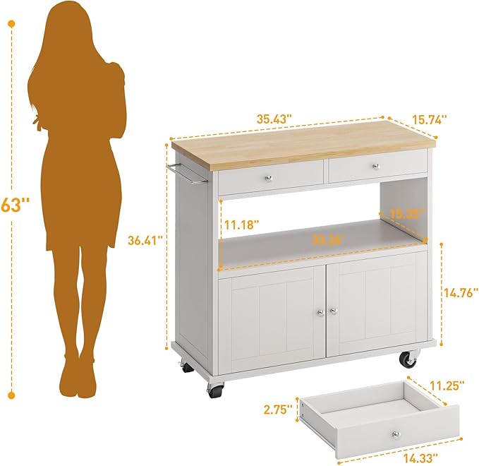 Rolling Kitchen Island with Storage Cabinet, 35.4'' Width Kitchen Cart, 2 Drawers Island Table, Portable Mobile Kitchen Island with Towel Rack, Wood Top and Lockable Wheels, White