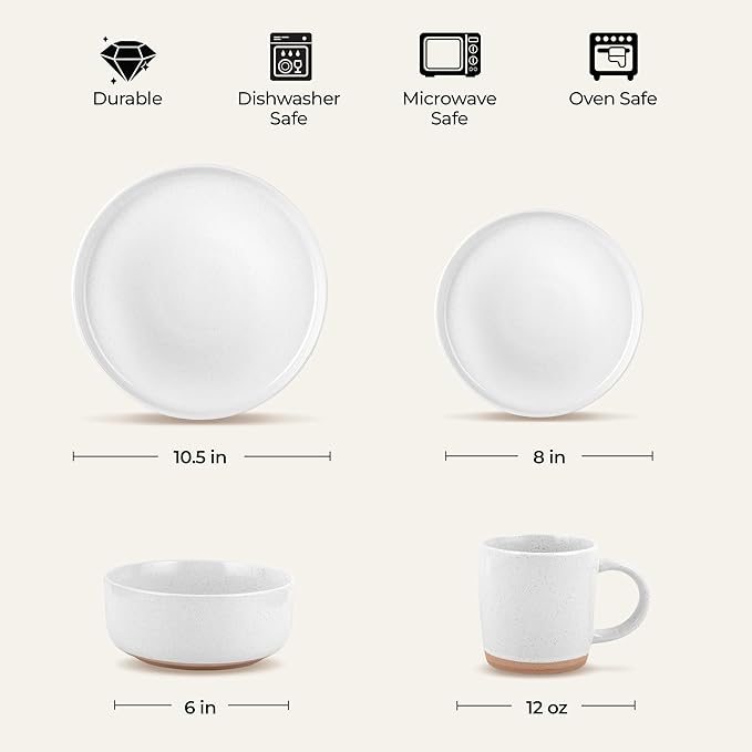 Zulay Kitchen Terra Stoneware 32-Piece Dinnerware Set, Artisanal Ceramic Plates and Bowls Set Crafted at 2300℉ - Service for 8, Speckled White