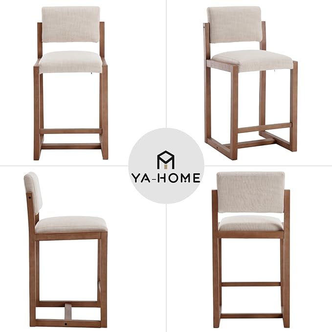 Mid-Century Bar Stools Set of 4, 26 Inch Modern Counter Stools Linen Fabric Bar Chairs with Backrest Wooden Frame for Kitchen Island Dining Room, Beige