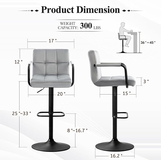 Furniliving Bar Stools Set of 2 with Armrest, Adjustable Square Velvet Barstools for Kitchen Counter, 360°Swivel Counter Barstools for Dining Room(Grey)