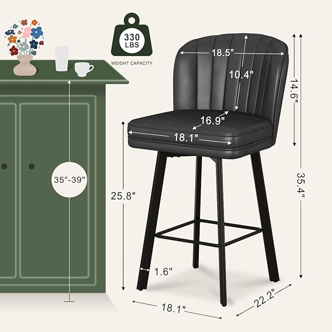 Swivel Counter Height Bar Stools Set of 4, 26'' Modern Barstools with Backs and Metal Legs, Upholstered Bar Chairs, Faux Leather Black Stools for Kitchen Island Chairs