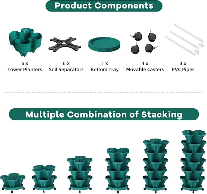 Strawberry Vertical Planters Tower Garden, 6 Tiered Stacking Planter with Support Pole, Stackable Herb Vegetable Planters Indoor and Outdoor