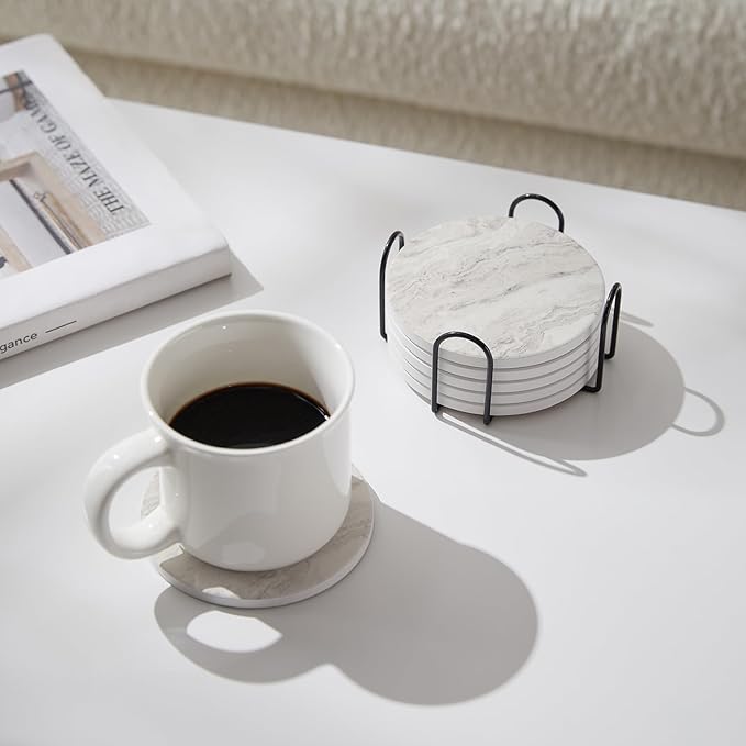 Set of 6 Off White Abstract Onyx Marble Coasters with Holder, Absorbent Ceramic Drink Coasters for Table Protection, Coffee Table Decor