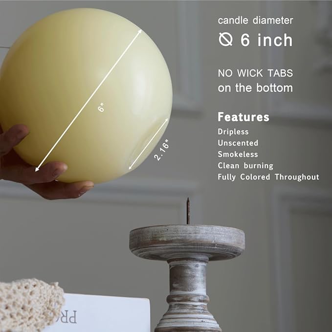 MOZEAL Hand-Poured, 6 Inch Ivory Large Round Ball Candles - Elegant Ivory Round Pillar Candles, Dripless, Unscented, Smokeless, Ideal for Weddings and Elegant Celebrations